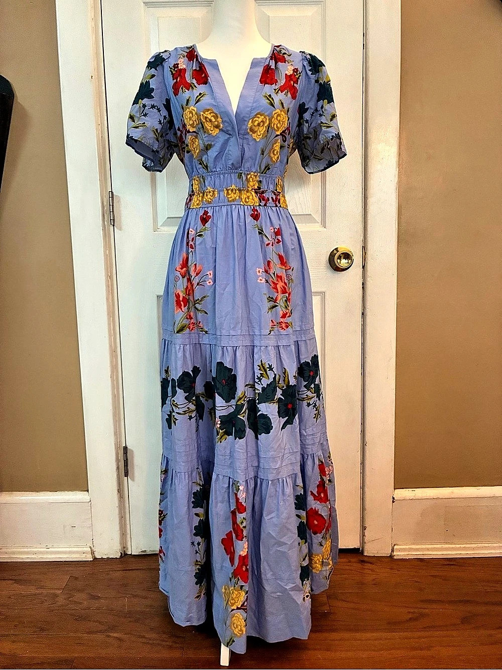 Anthropologie The Somerset Cotton Poplin Maxi Dress Blue Floral Print Smocked M